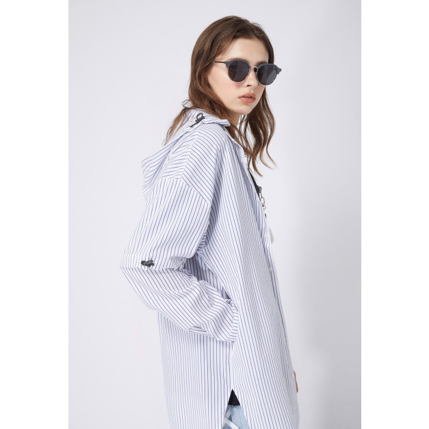 【中性款】可拆帽長版襯衫/淺藍條紋