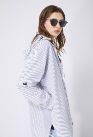 【中性款】可拆帽長版襯衫/淺藍條紋