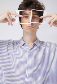 【中性款】 側邊抽繩設計襯衫/深藍白條紋