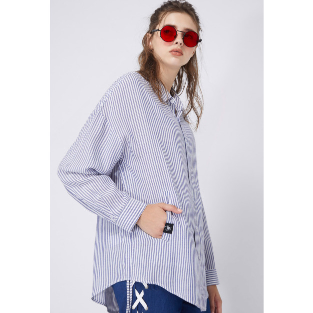 【中性款】 側邊抽繩設計襯衫/深藍白條紋