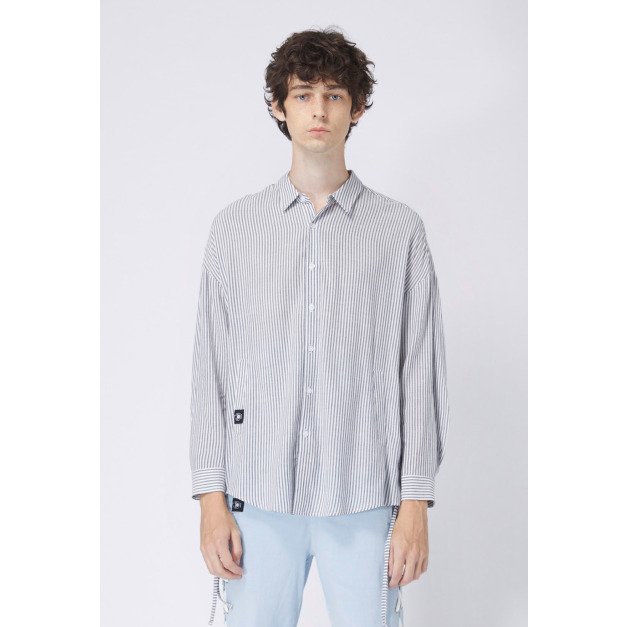 【中性款】 側邊抽繩設計襯衫/黑白條紋