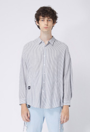 【中性款】 側邊抽繩設計襯衫/黑白條紋