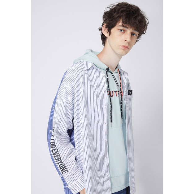 【中性款】前後拼接襯衫/經典藍條