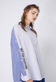 【中性款】前後拼接襯衫/經典藍條