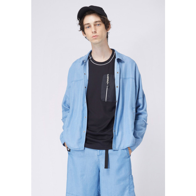 【中性款】磨破鬚邊牛仔襯衫/牛仔藍