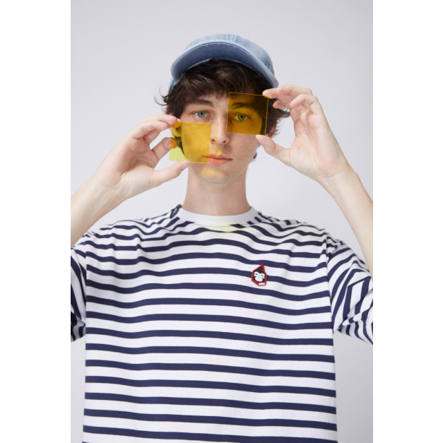 【中性款】拼接圓領上衣/藍白條紋