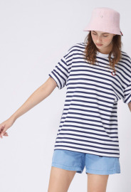 【中性款】拼接圓領上衣/藍白條紋