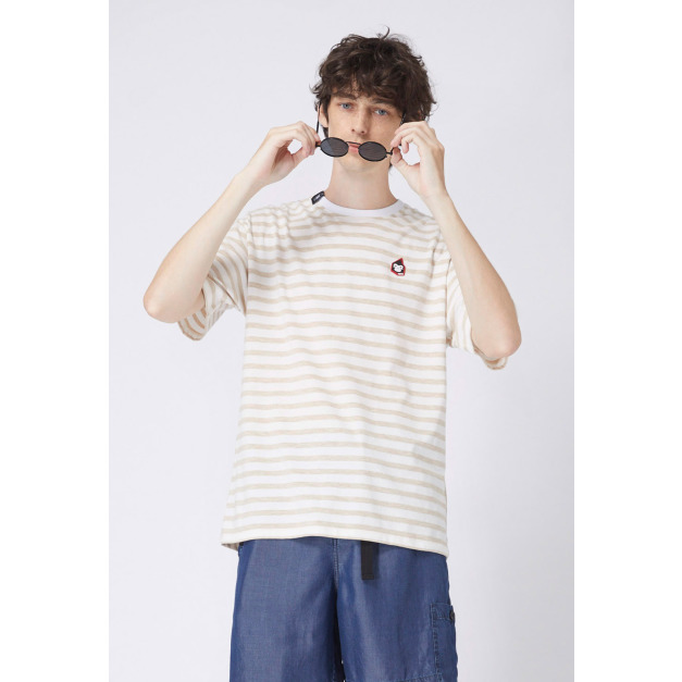 【中性款】拼接圓領上衣/卡其白條紋