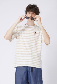 【中性款】拼接圓領上衣/卡其白條紋