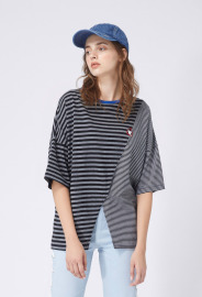 【中性款】2WAY 不規褶短袖上衣/黑灰條紋