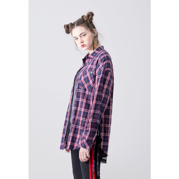 【中性款】側邊綁帶襯衫/紅藍格紋