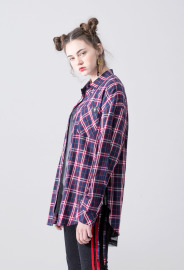 【中性款】側邊綁帶襯衫/紅藍格紋