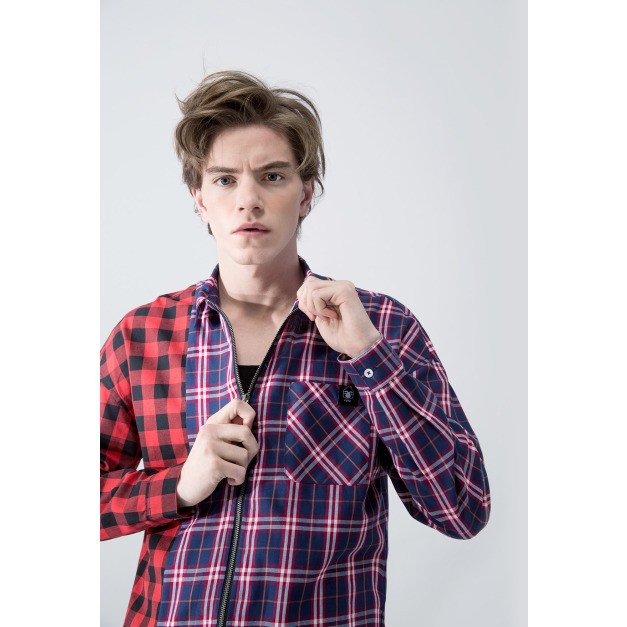 【中性款】格紋拼接拉鍊襯衫