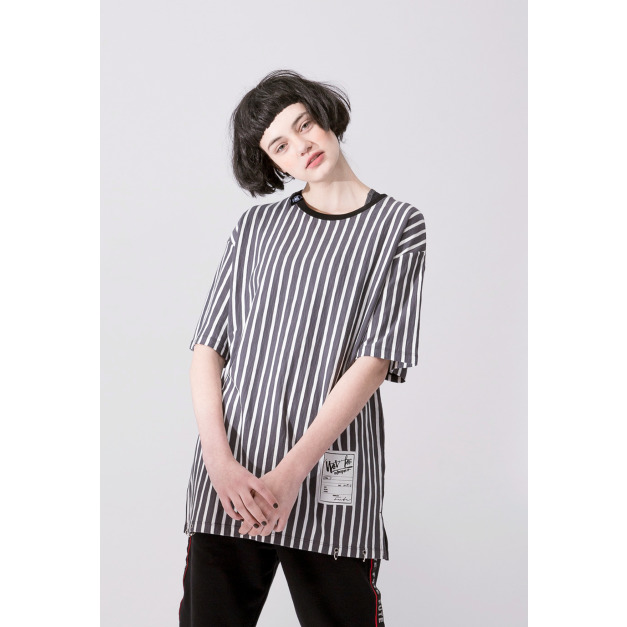 【中性款】鐵環裝飾條紋短袖TEE/灰白