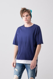 【中性款】下襬拼接短袖TEE/深藍