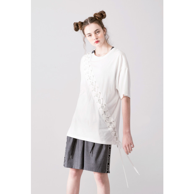 【中性款】衣身綁帶短袖TEE/米白