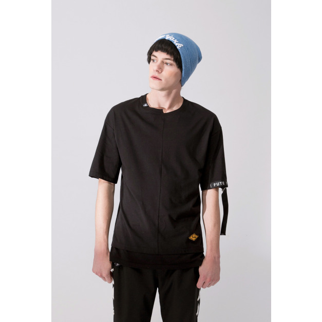 【中性款】不對稱拼接短袖TEE/黑色