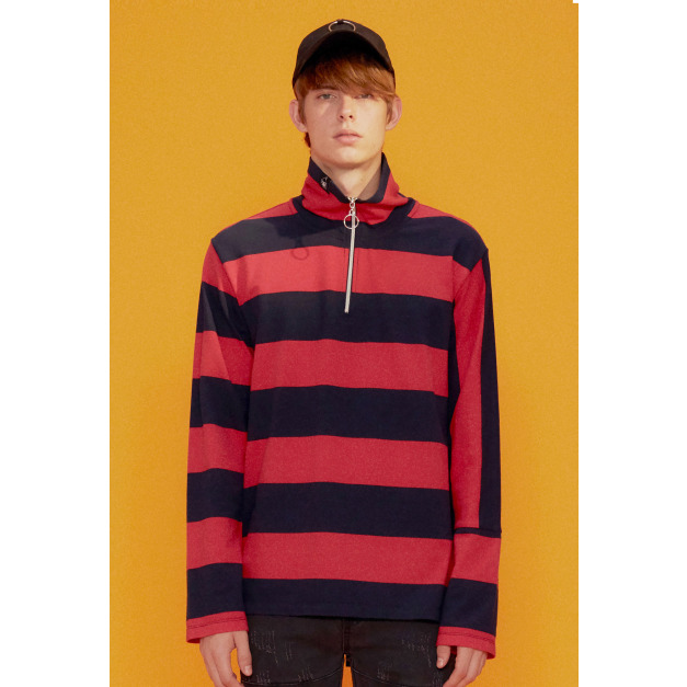 【中性款】條紋拚接長袖高領上衣/紅藍條紋