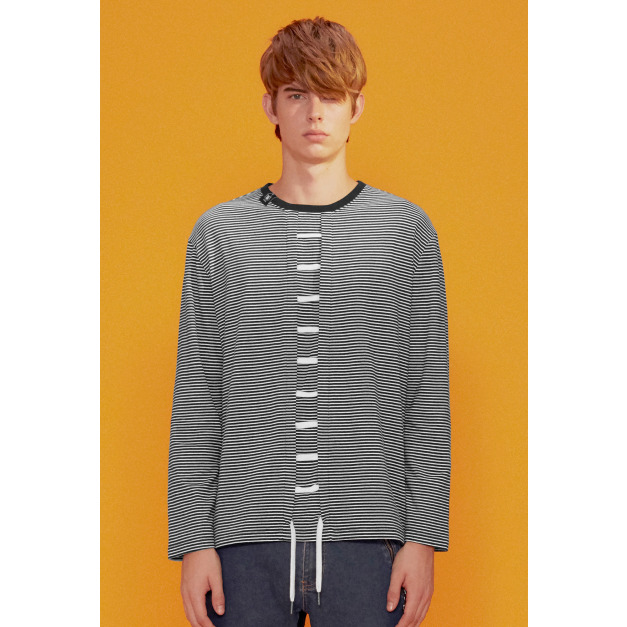 【中性款】條紋前綁帶圓領長袖上衣/黑白條