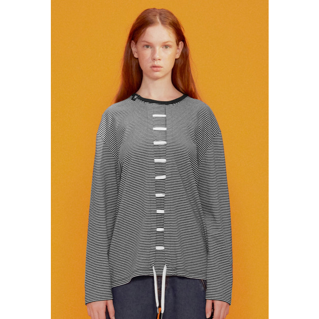 【中性款】條紋前綁帶圓領長袖上衣/黑白條