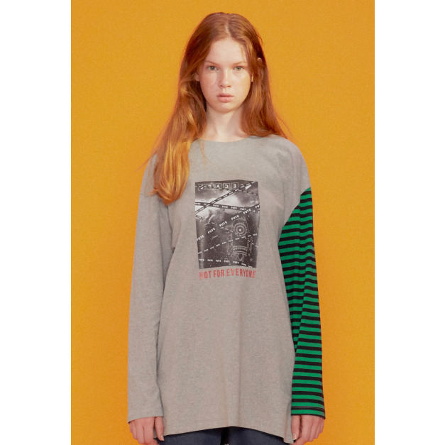 【中性款】袖子條紋拼接圓領長袖上衣/麻灰色