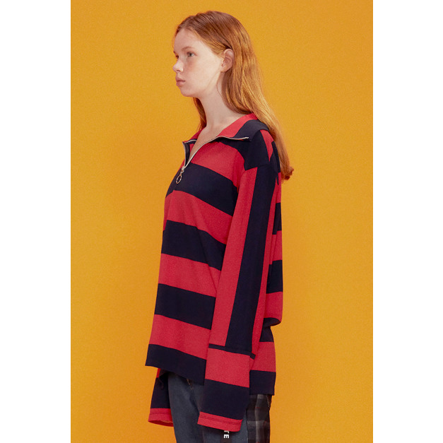 【中性款】條紋拚接長袖高領上衣/紅藍條紋