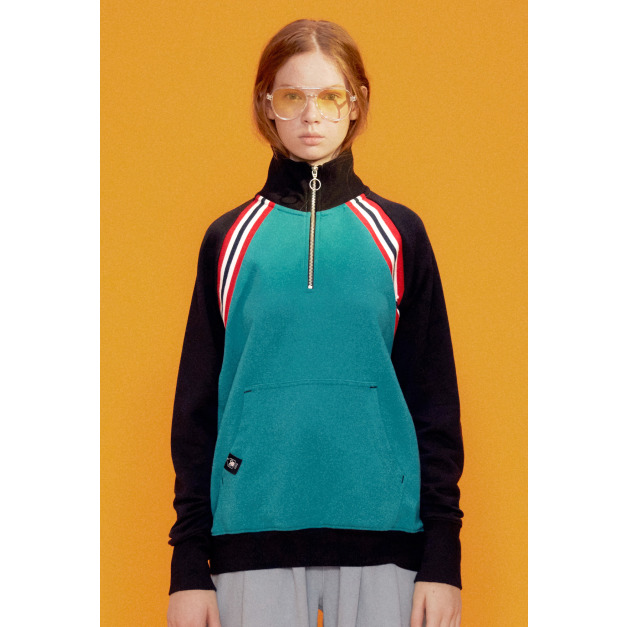 【中性款】拼接高領運動衫/甲蟲綠