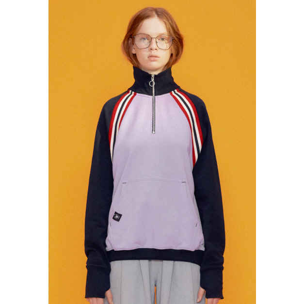 【中性款】拼接高領運動衫/粉紫