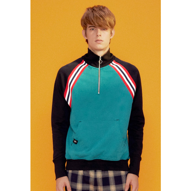 【中性款】拼接高領運動衫/甲蟲綠