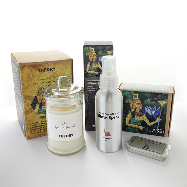 埃及系列-伊西斯組合/蓮花天竺葵佛手柑精油/蠟燭100克+舒眠噴霧+香膏