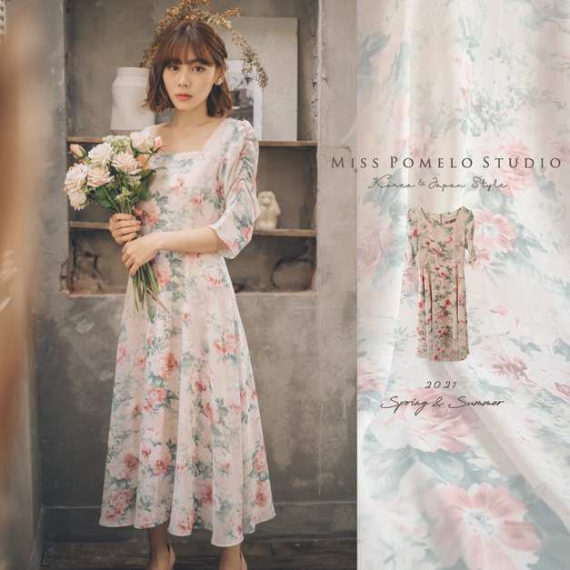 全網獨家✨自訂款。法式溫柔浪漫玫瑰花朵方領抽褶袖雪紡洋裝