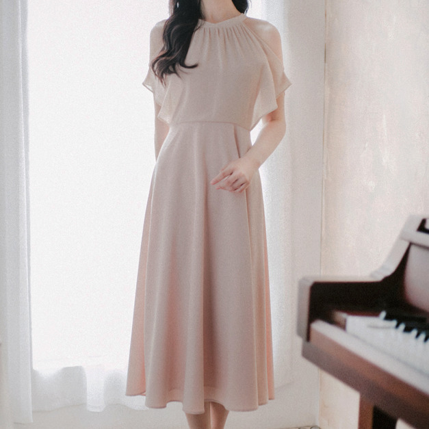 全網獨家✨自訂款。法式優雅知性顯瘦露肩長洋裝(膝下超長版）