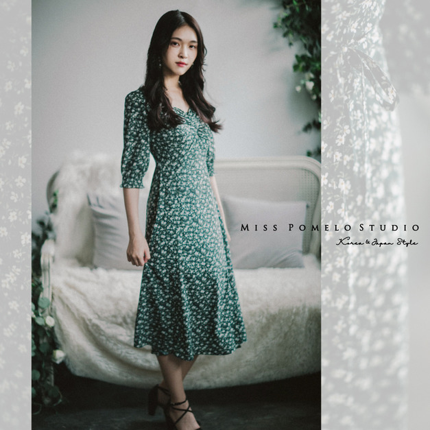 訂製款✨韓國復古顯瘦方領開岔抽褶長洋裝