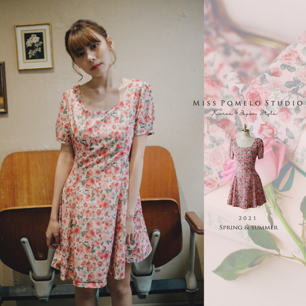 訂製款｜復古玫瑰薔薇泡泡袖修身顯瘦短洋裝