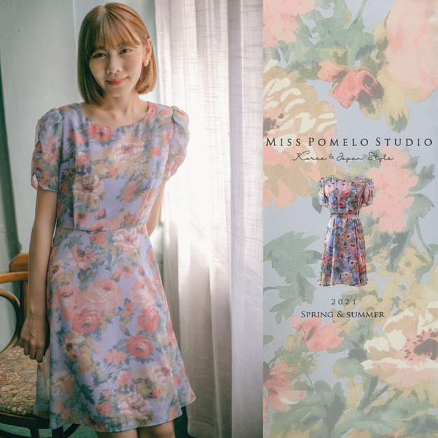 訂製款｜玫瑰水墨花卉抽褶泡泡袖綁帶雪紡洋裝