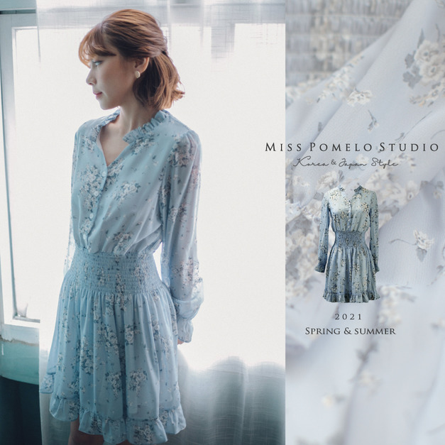 訂製款｜荷葉花邊V領縮腰雪紡洋裝