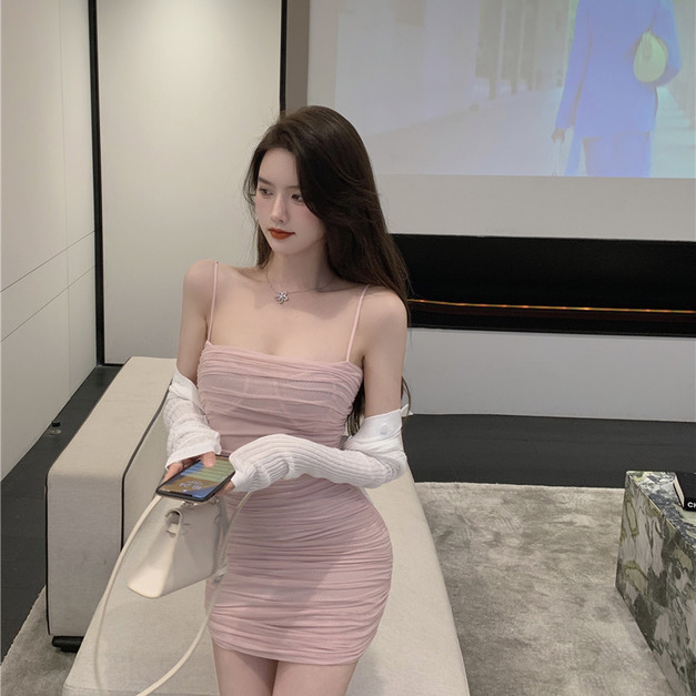 ［DRESS] 吊帶網紗抓皺連身短裙