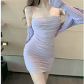 ［DRESS] 吊帶網紗抓皺連身短裙