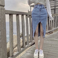 ［SKIRT] 牛仔不規則前開叉長裙