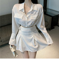 ［SET] 緞面綁帶長袖短裙套裝