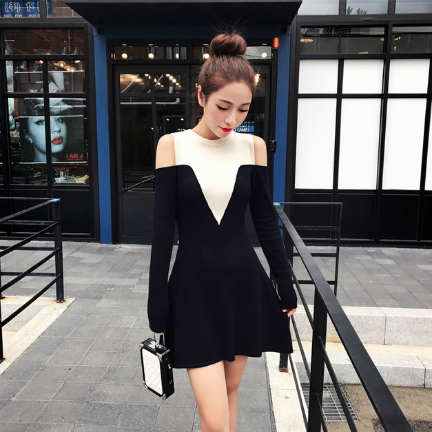 歐美小香露肩撞色性感收腰連身裙