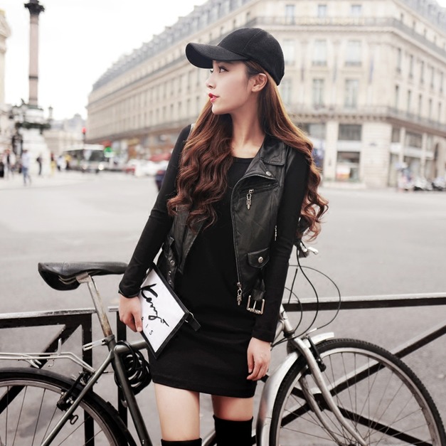 歐美時尚個性假兩件式背心修身連身衣