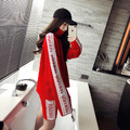 歐美針織高領紅色字母顯白包臀毛衣套裝_4