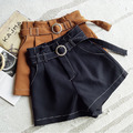 歐美純色百搭修身休閒高腰腰帶短褲