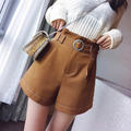 歐美純色百搭修身休閒高腰腰帶短褲_3