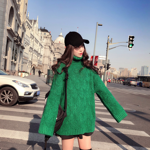 歐美高領簡約菱形簍空純色針織毛衣