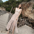 泰國潮牌海邊渡假裸色簍空蕾絲流蘇連身長裙_3