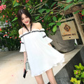 羅曼蒂克白色一字領掛脖雪防甜美氣質百褶裙洋裝_2