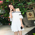 羅曼蒂克白色一字領掛脖雪防甜美氣質百褶裙洋裝_1