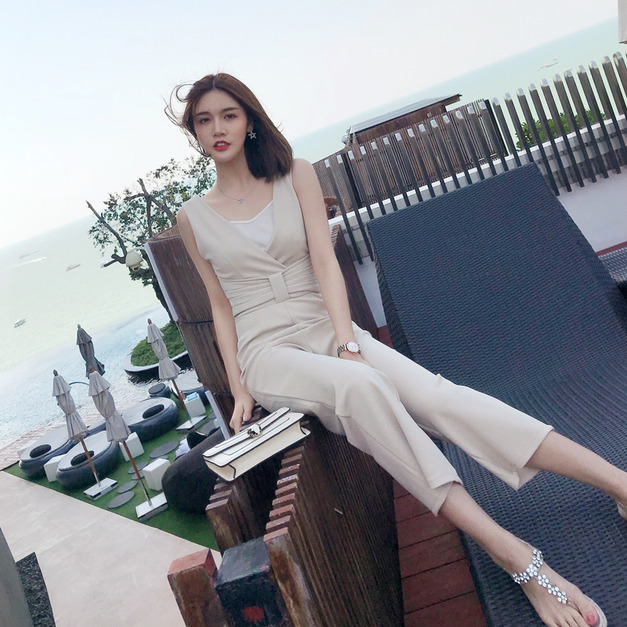 韓系V領高腰顯瘦露背百搭闊腿九分連身褲